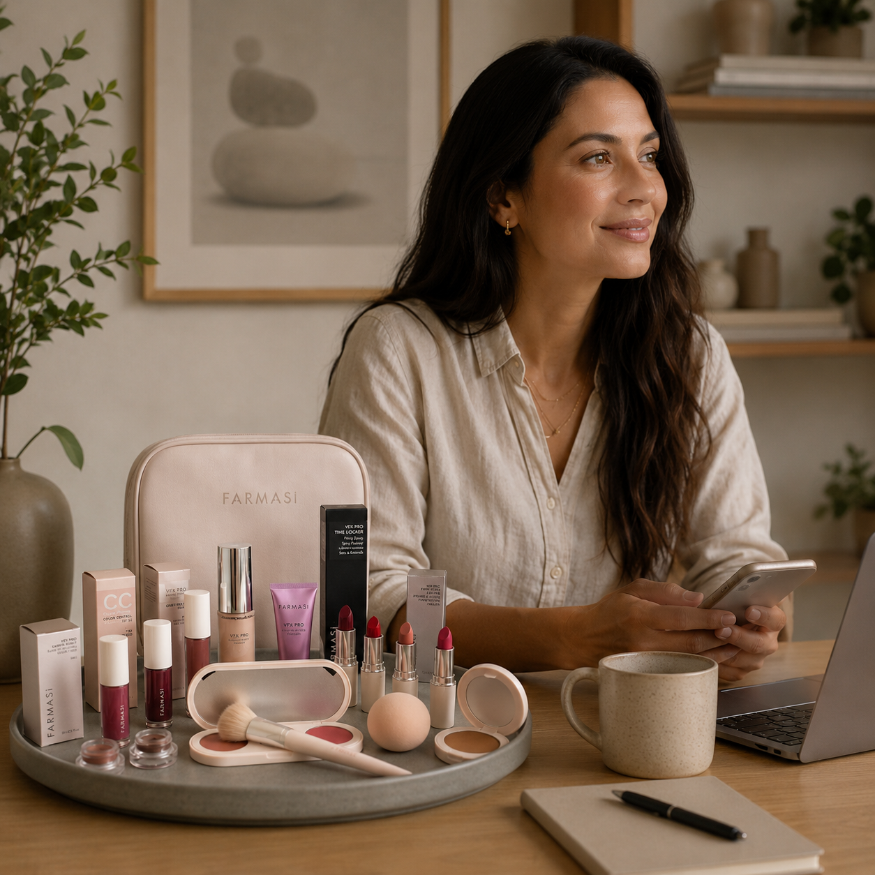Mujer emprendedora trabajando desde casa con productos de bienestar