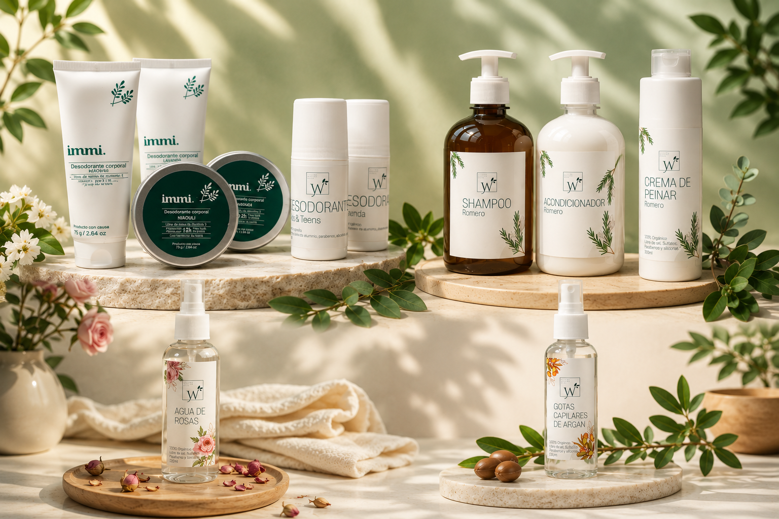 Productos naturales Wondery sobre superficie beige con eucalipto